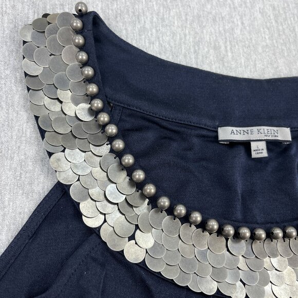 Anne Klein Sleeveless Top Womens L Navy Blue Silk Nylon Round Neck Metal Sequins - Picture 6 of 14